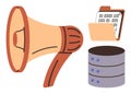 Communication and Data Storage Concept with Megaphone, Folder, and Database Royalty Free Stock Photo
