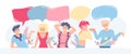 Communication, discussion, feedback concept. Group of people with speech bubbles on white background, space for design Royalty Free Stock Photo