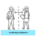 Communication distance icon. Colleagues talking maintaining social distance simple vector illustration