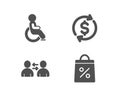 Communication, Dollar exchange and Disabled icons. Shopping bag sign. Royalty Free Stock Photo