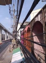 Communication and electric power lines hanging on concrete poles