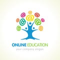 Online education logo, people tree and colored internet sign Royalty Free Stock Photo