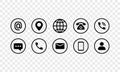 Communication icon set in black. Email, location, internet, phone, call, chat, message, contacts sign. Vector EPS 10. Isolated on