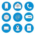 Communication icons on blue background. Website symbol. Contact button icon. Email envelope icon. Stock image. Royalty Free Stock Photo