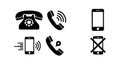 Communication icons set with classic rotary phone, modern mobile, and crossed-out cellphone signals vector design Royalty Free Stock Photo