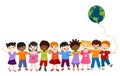 Communication isolated group of diverse multiethnic children standing together and holding each other. Diversity and culture. Onen