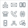 communication line icons. linear set. quality vector line set such as messages, missed call, smartphone, interaction,