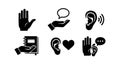 Communication and listening icons with hand gestures and speech bubbles vector set Royalty Free Stock Photo