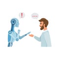 Communication between man and robot, exclamation mark and ellipsis in speech bubbles