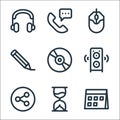 Communication and media line icons. linear set. quality vector line set such as calendar, hourglass, share, speaker, music player