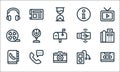 communication and media line icons. linear set. quality vector line set such as cassette, camera, contact book, music player, Royalty Free Stock Photo