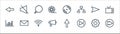 communication and media line icons. linear set. quality vector line set such as continue, next, megaphone, chart, send, searching