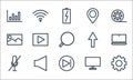 communication and media line icons. linear set. quality vector line set such as gear, next, mute, monitor, sound, picture, up