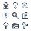 communication and media line icons. linear set. quality vector line set such as handset, radio, upload, fax, search, monitor, film