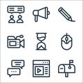 Communication and media line icons. linear set. quality vector line set such as letter box, browser, chat box, computer mouse,