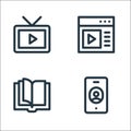 Communication and media line icons. linear set. quality vector line set such as smartphone, open book, browser Royalty Free Stock Photo