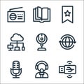 Communication and media line icons. linear set. quality vector line set such as usb, news reporter, microphone, globe, webcam, Royalty Free Stock Photo