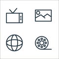 communication and media line icons. linear set. quality vector line set such as video, world, picture