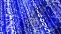 Data science numerical algorithm for counting random numbers connected by lines on blue background, ensuring data privacy