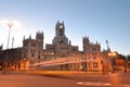 Communication palace with rays of car lights, Madrid, Spain