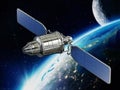 Communication satellite orbiting earth. 3D illustration