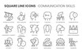 Communication skills related, square line vector icon set