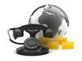 Communication symbols - retro phone, earth globe and envelopes Royalty Free Stock Photo