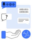 Communication Technologies Featuring Voice Input, Binary Code, Text Messages, and Travel Concept Royalty Free Stock Photo