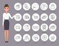 Communication thin line icons. Businesswoman with set of contact and payment icons illustration Royalty Free Stock Photo