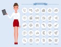Communication thin line icons. Businesswoman with tablet and set of contact icons illustration Royalty Free Stock Photo