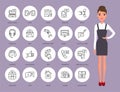 Communication thin line icons. Serious businesswoman and set of contact icons, connection methods Royalty Free Stock Photo