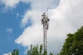 Communication tower with cloudy sky on background