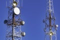 communication tower connect to data. Telecommunication 5g network. on blue sky background Royalty Free Stock Photo