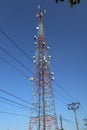 Communication tower. Telco Trellis for 3G 4G 5G Apocalypse Internet Communication, mobile, FM Radio and Television Broadcasting On