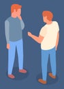 Communication of two men friends, meeting, young guys discussing, male gesture hand, 3d isometric