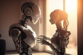 Communication between two robots of different genders. Created with Generative AI technology