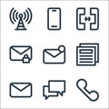 communications line icons. linear set. quality vector line set such as call, chatting, message, newspaper, new message, locked,