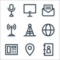communications line icons. linear set. quality vector line set such as phone book, location, telephone, web, tower, social network