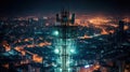 Communications tower, Antenna for the 5G cellular network atop a in a nighttime metropolis. Generative AI
