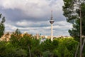 Communications tower of the capital of Spain in Madrid that stands out among the pine forest. Royalty Free Stock Photo