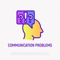 Communicative problems thin line icon: silhouette of head with different signs. Modern vector illustration of depression, neurosis