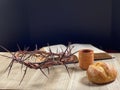 Communion, Bread and Wine, Crown of Thorns and Bible Royalty Free Stock Photo