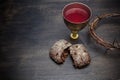 Communion And Passion - Unleavened Bread Chalice Of Wine And Crown Of Thorns Royalty Free Stock Photo