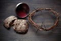 Communion And Passion - Unleavened Bread Chalice Of Wine And Crown Of Thorns Royalty Free Stock Photo