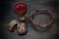 Communion And Passion - Unleavened Bread Chalice Of Wine And Crown Of Thorns Royalty Free Stock Photo