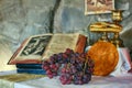 Communion Still Life. Bread, grapes and wine as Communion symbols Royalty Free Stock Photo