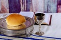 Communion still life wine bread and Bible Royalty Free Stock Photo