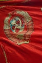 Hammer and sickle and red star on soviet propaganda flag, Communist Museum Prague Czech Republic