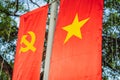 Communist badges on red, sickle, hammer and star. USSR, Vietnam, China