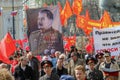 Communist party supporters take part in a rally. (portrait of Soviet dictator Josef Stalin). May Day.